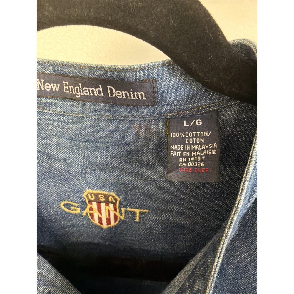 Vintage GANT New England Denim Shirt Mens L USA Logo Band Collar 100% Cotton - Picture 4 of 6